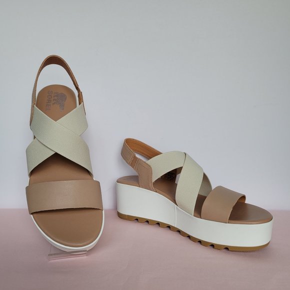 SOREL Cameron Flatform Slingback Leather/Fabric Sandals-Honest Beige/Chalk Size9 - Picture 2 of 16